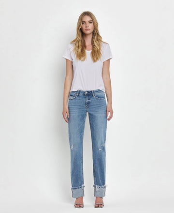 Mid Rise Cuffed Straight Jean