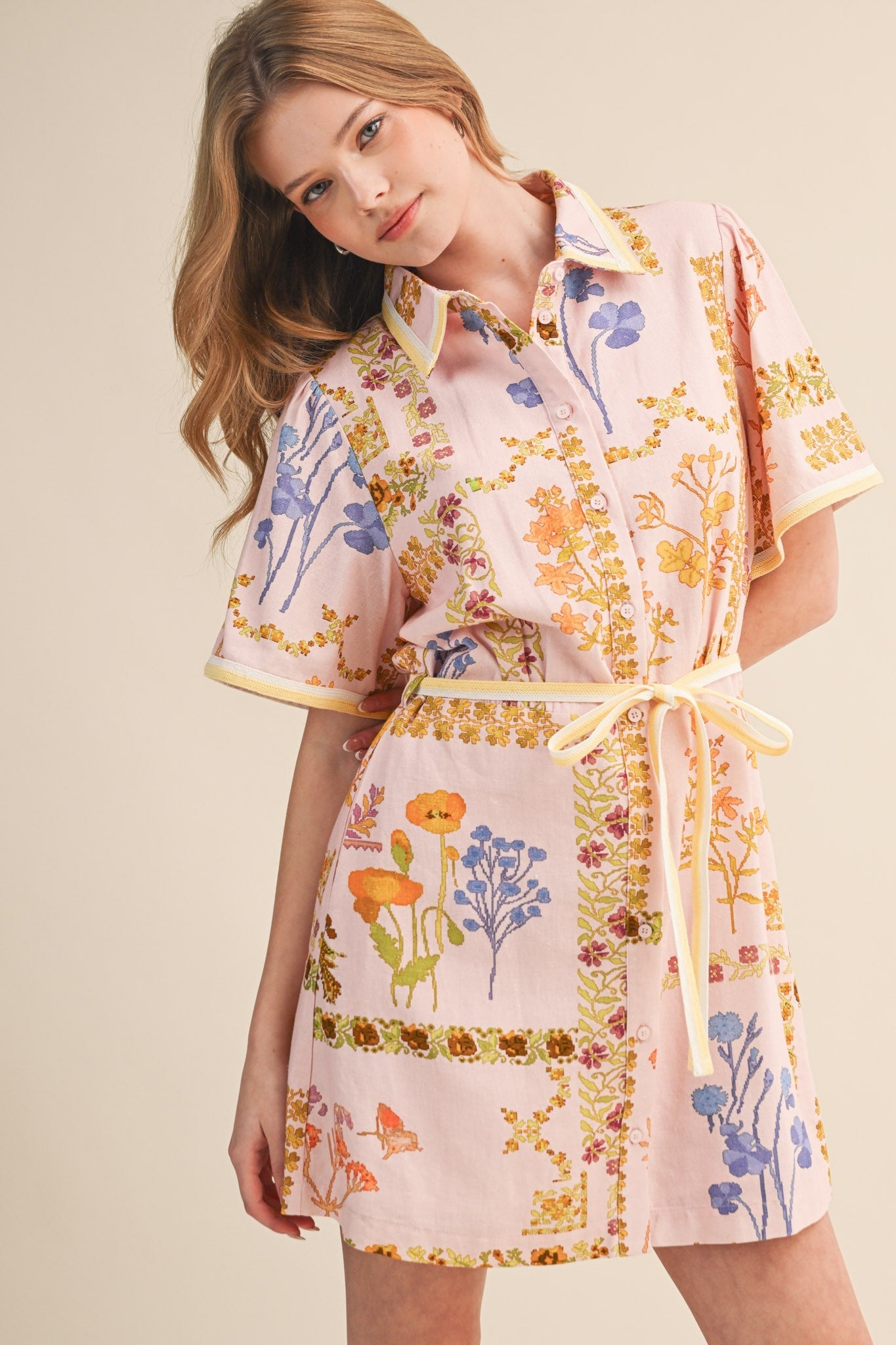 Melanie Floral Tape Trim Shirt Dress