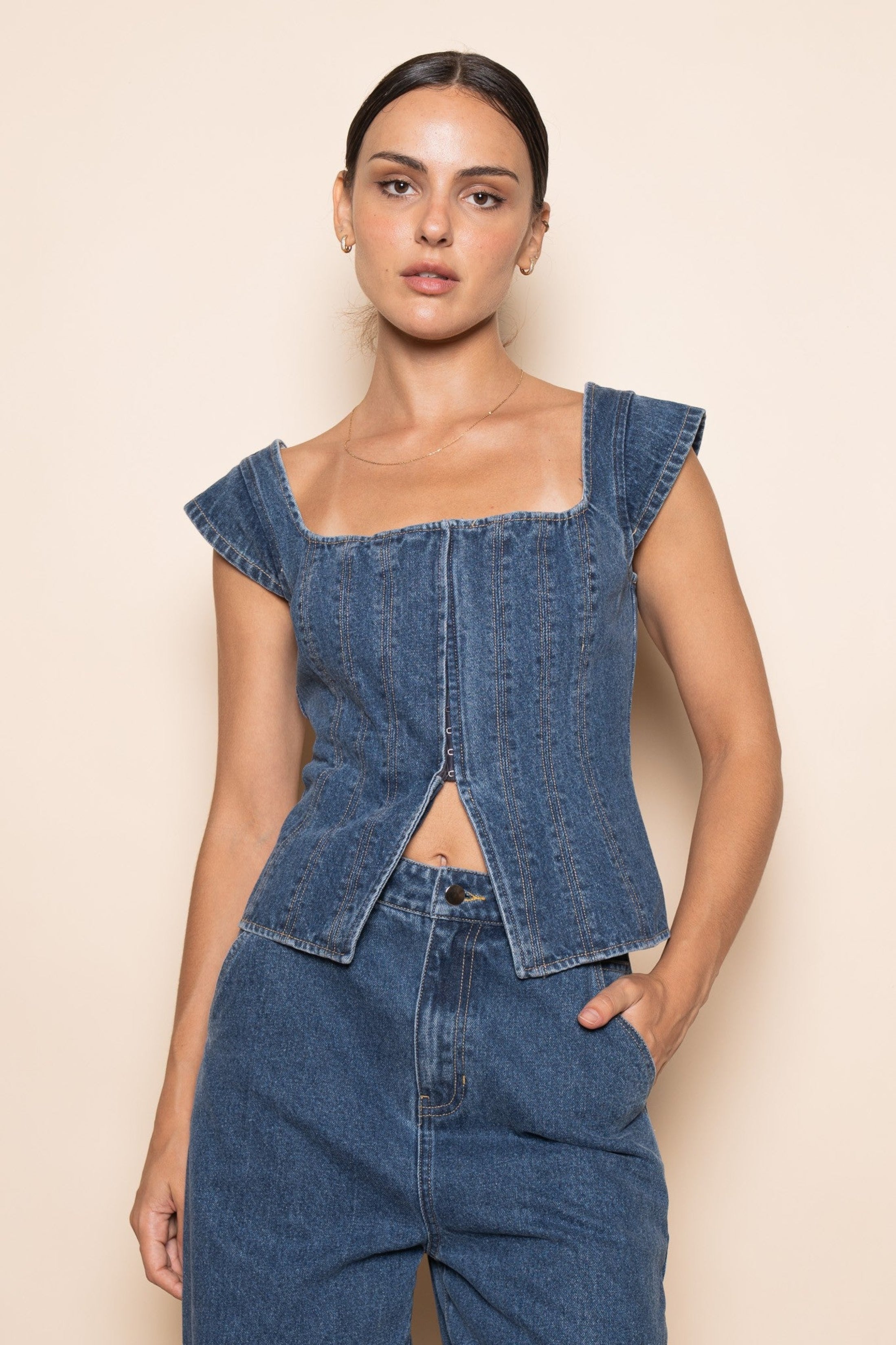 Tara Corset Square Neck Denim Top