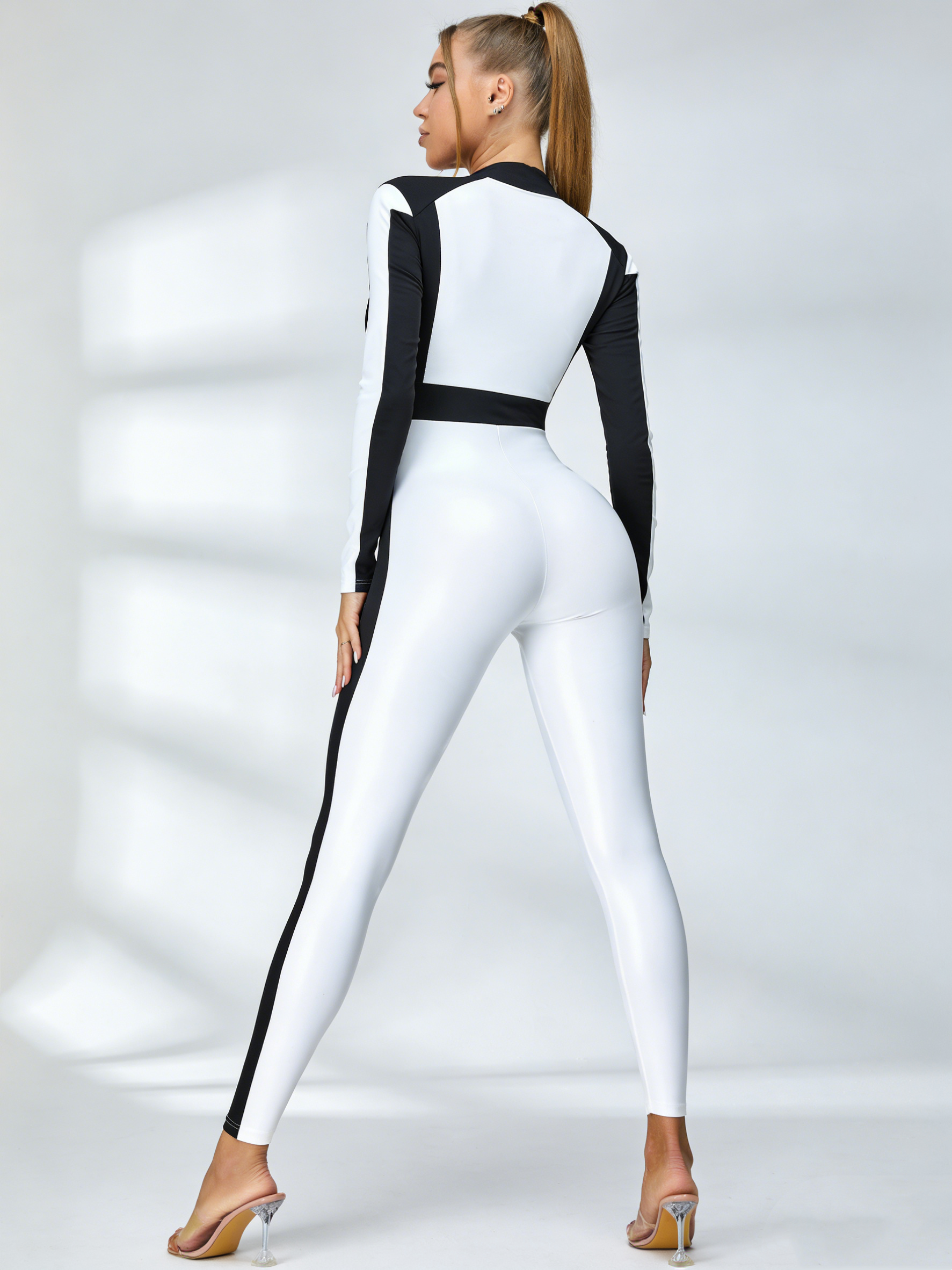 "SciFi Heroine" Contrast Color PU Half Zipper Jumpsuit