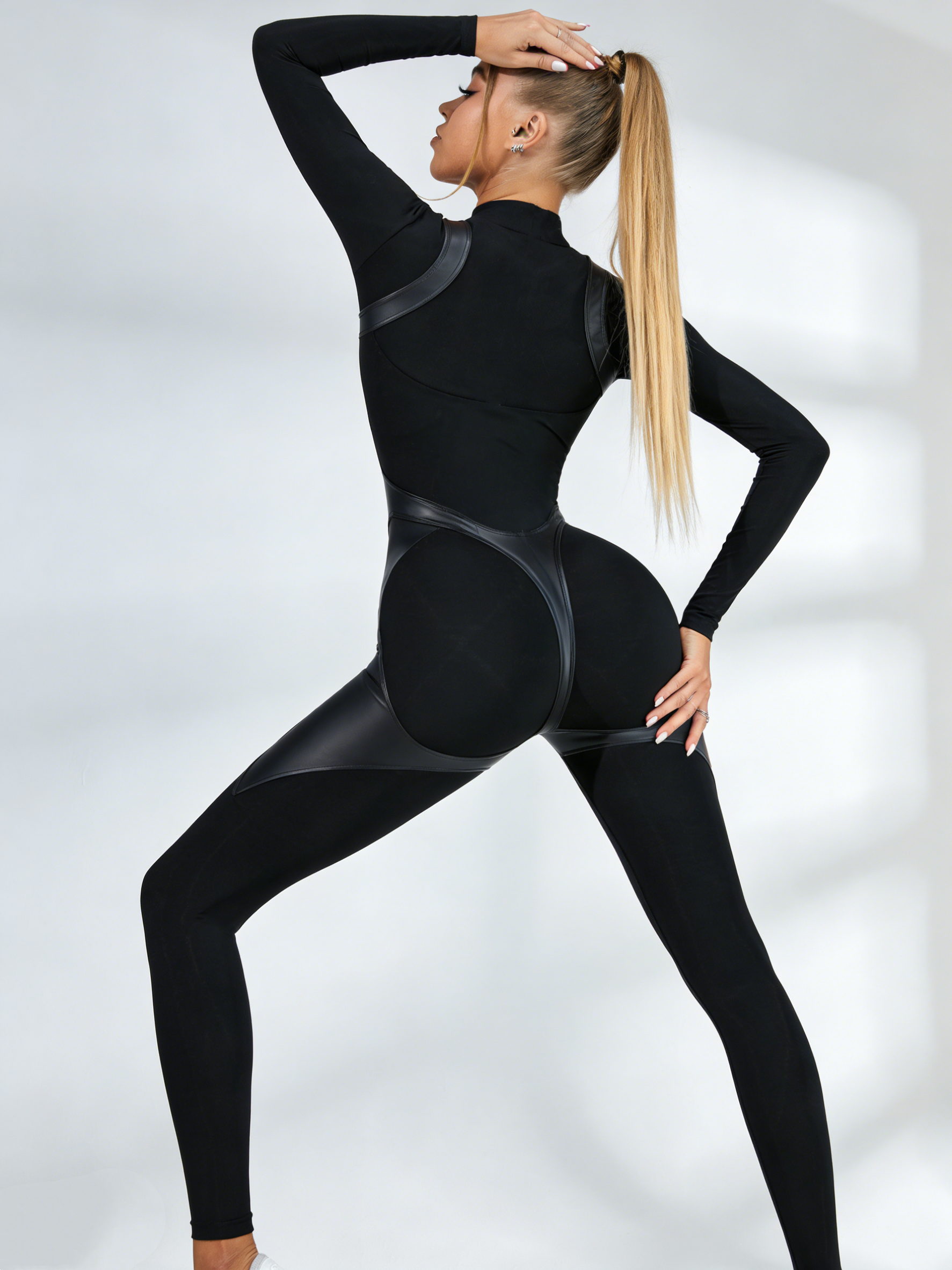 Faux Leather Zipper Stand Collar Push Up Sleevesless Jumpsuit