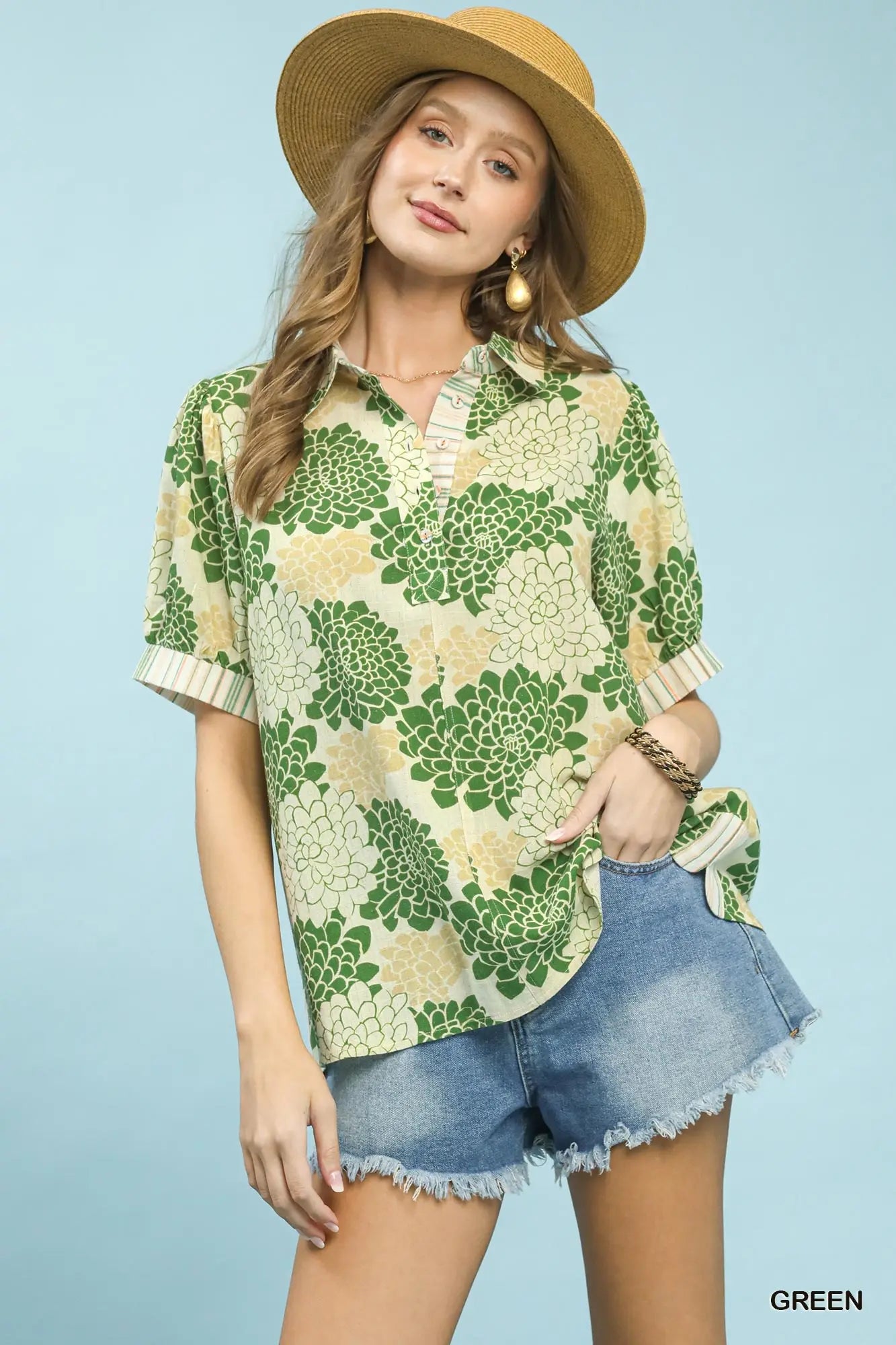 Printed Polo Top With Stripe Contrast