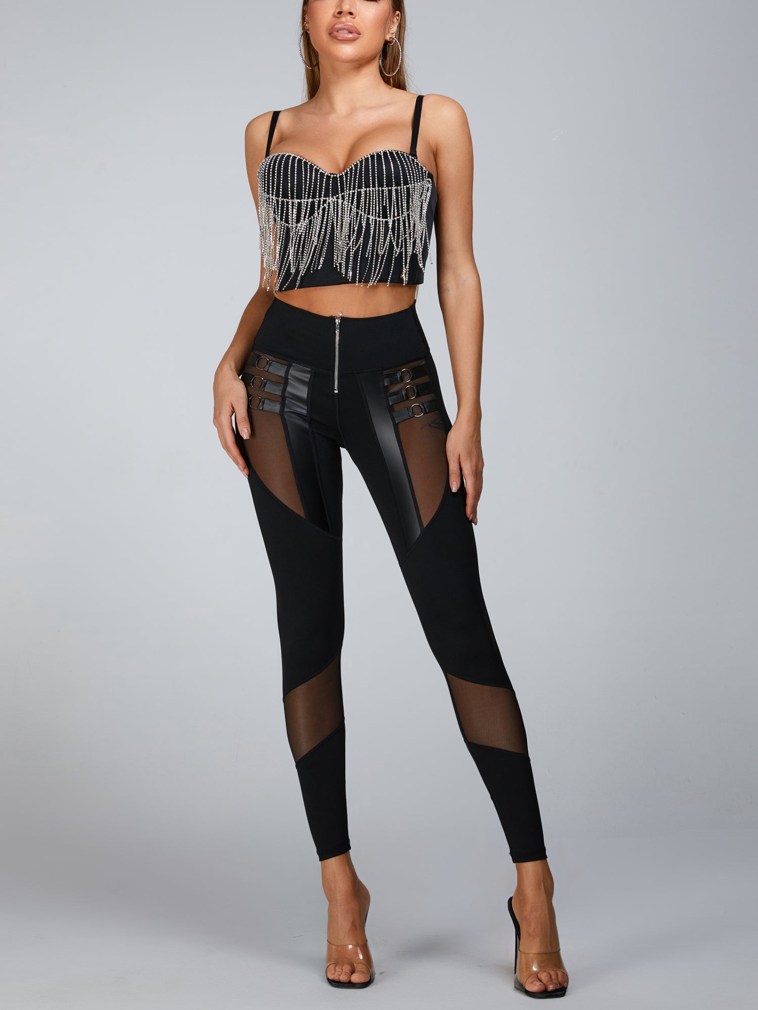 ¡°Stitching Sexy¡± Cutout Mesh Beading Tassel Corset Tracksuit