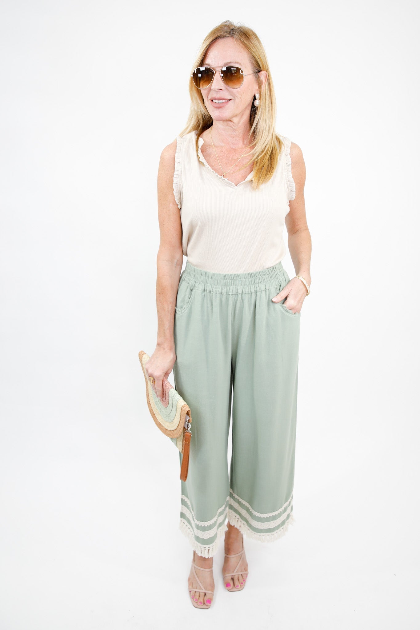 Lace Trim Fringe Hem Wide Leg Pants