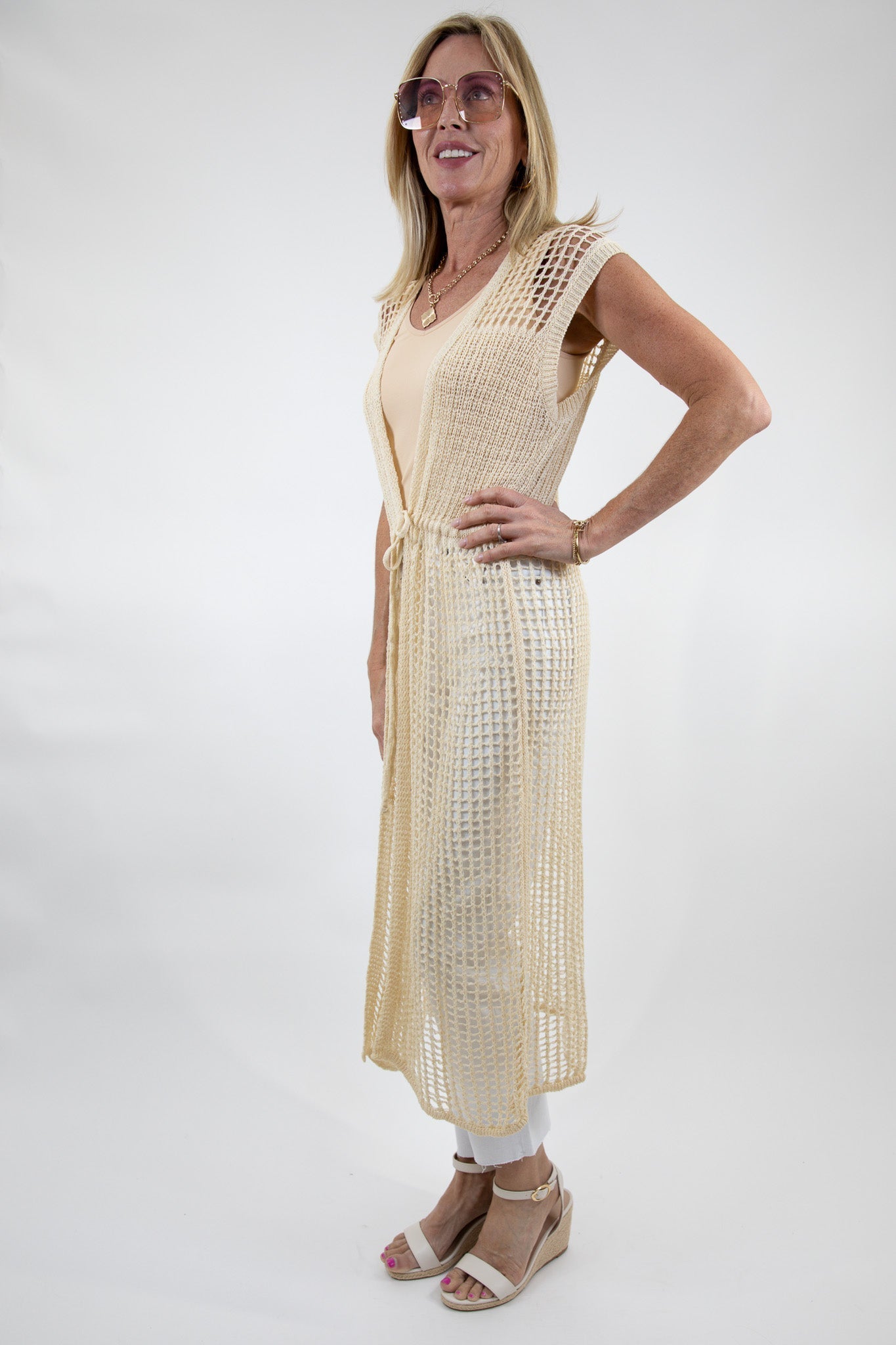 Open Weave Knit Sleeveless Front Tie Cardigan