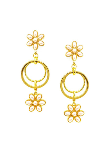 White Pearl Gold Circle Post Earrings