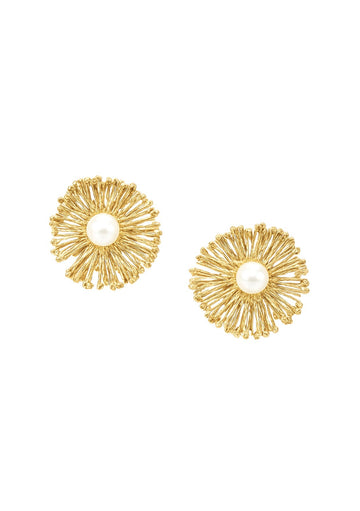 Gold Flower Pearl Post Earrings