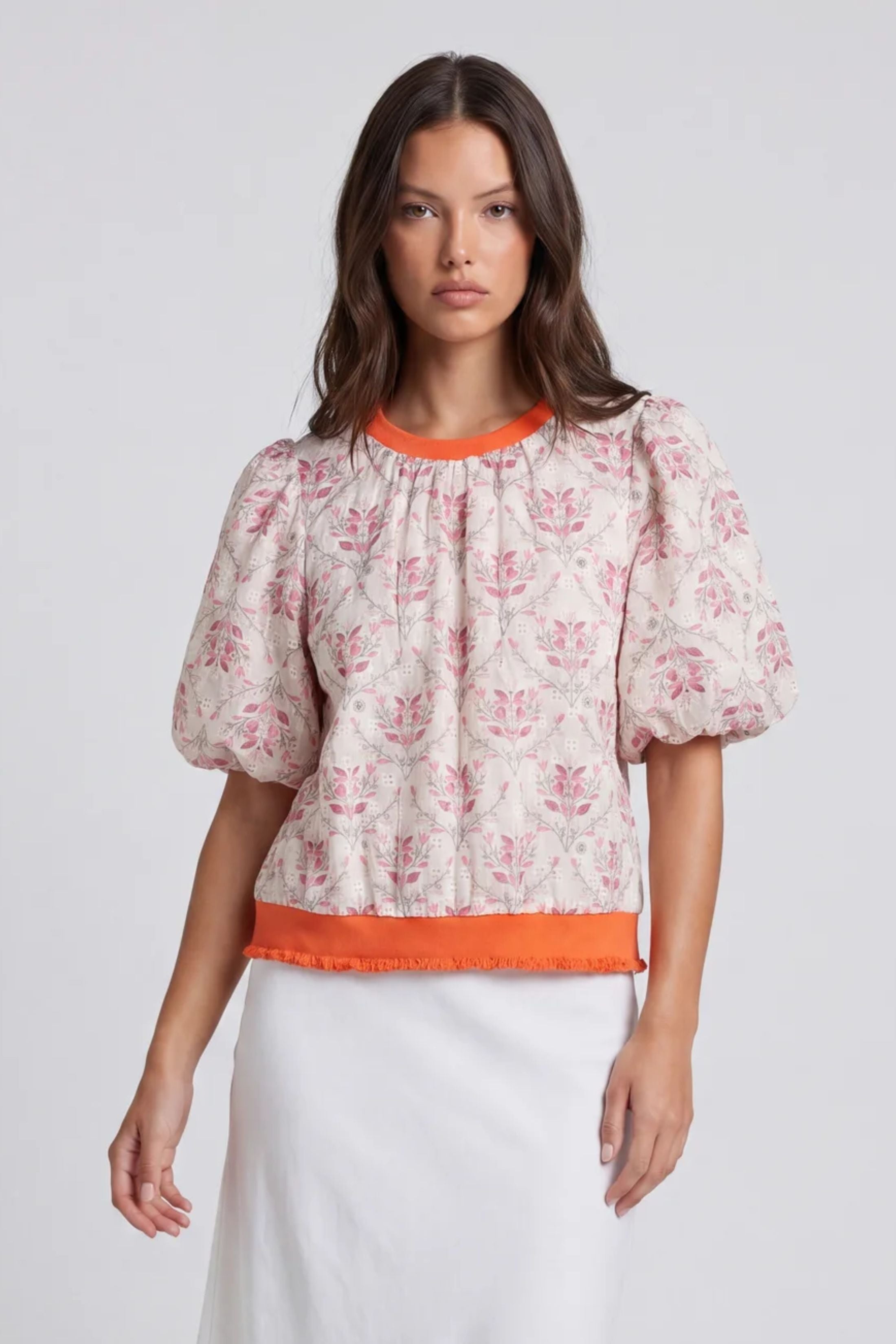 Estes Contrast Band Embroidered Floral Top
