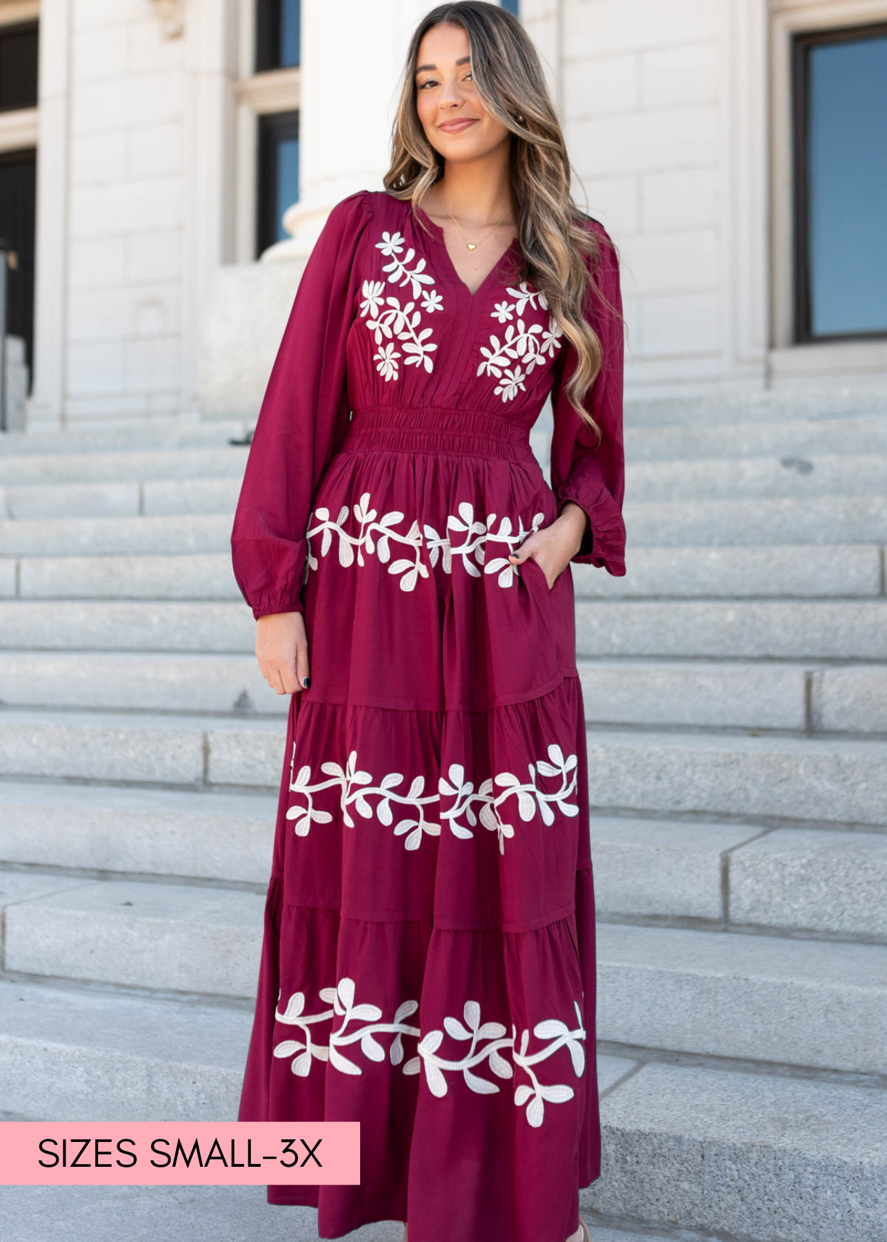 Gianna Wine Floral Embroidered Dress