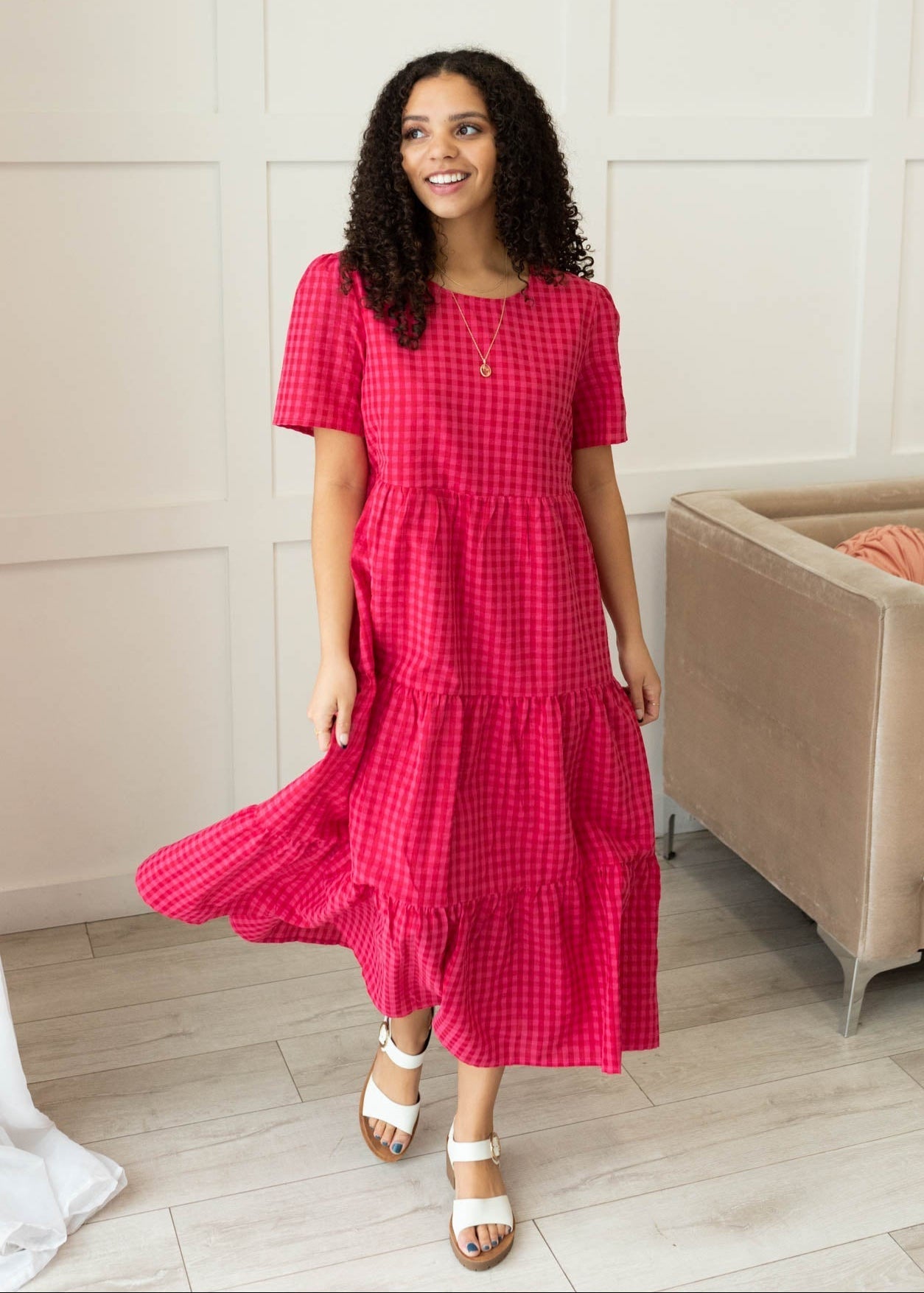 Jayne Hot Pink Gingham Tiered Dress
