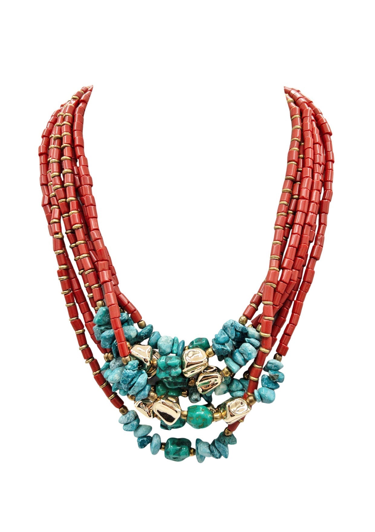 Red Coral Turquoise Gold Bohemian Necklace