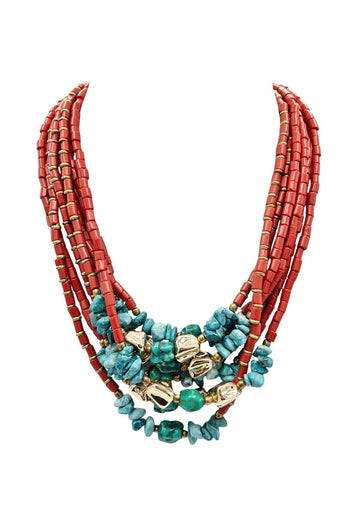 Red Coral Turquoise Gold Bohemian Necklace