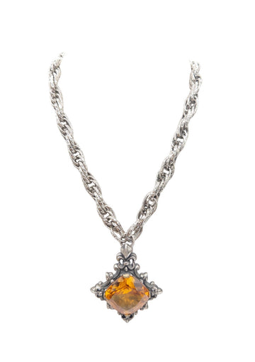 Crystal Amber Rhodium Pendant Necklace