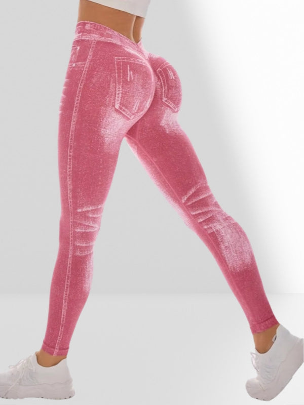 Deep V Back Denim Scrunch Bum Leggings