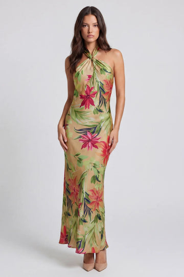 Alexis Rainforest Leaf Halter Neck Open Back Maxi Dress