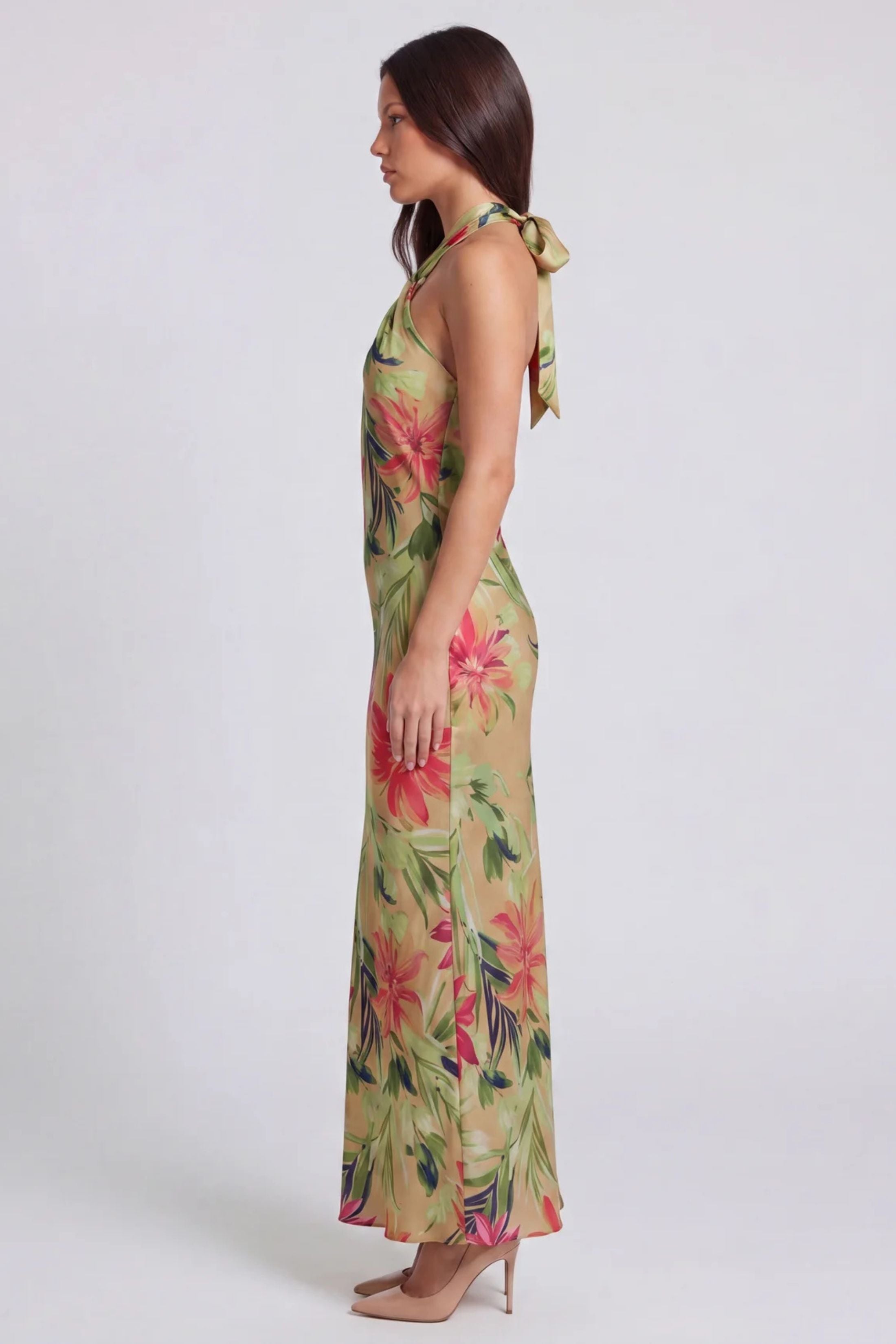 Alexis Rainforest Leaf Halter Neck Open Back Maxi Dress