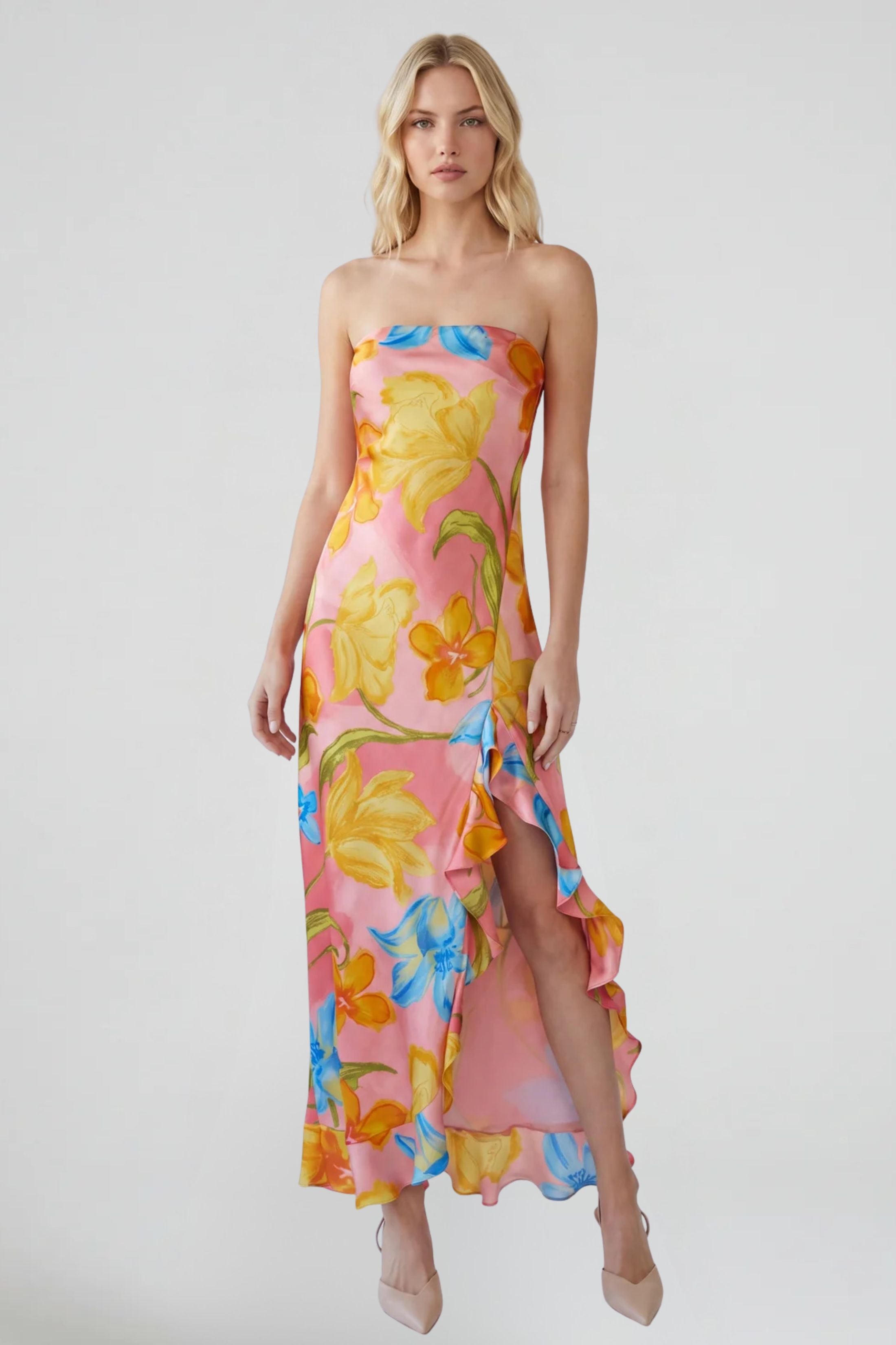 Rosie Strapless Ruffled Slit Maxi Dress