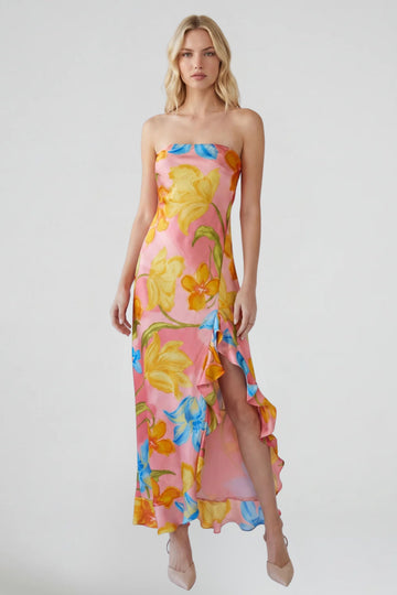 Rosie Strapless Ruffled Slit Maxi Dress