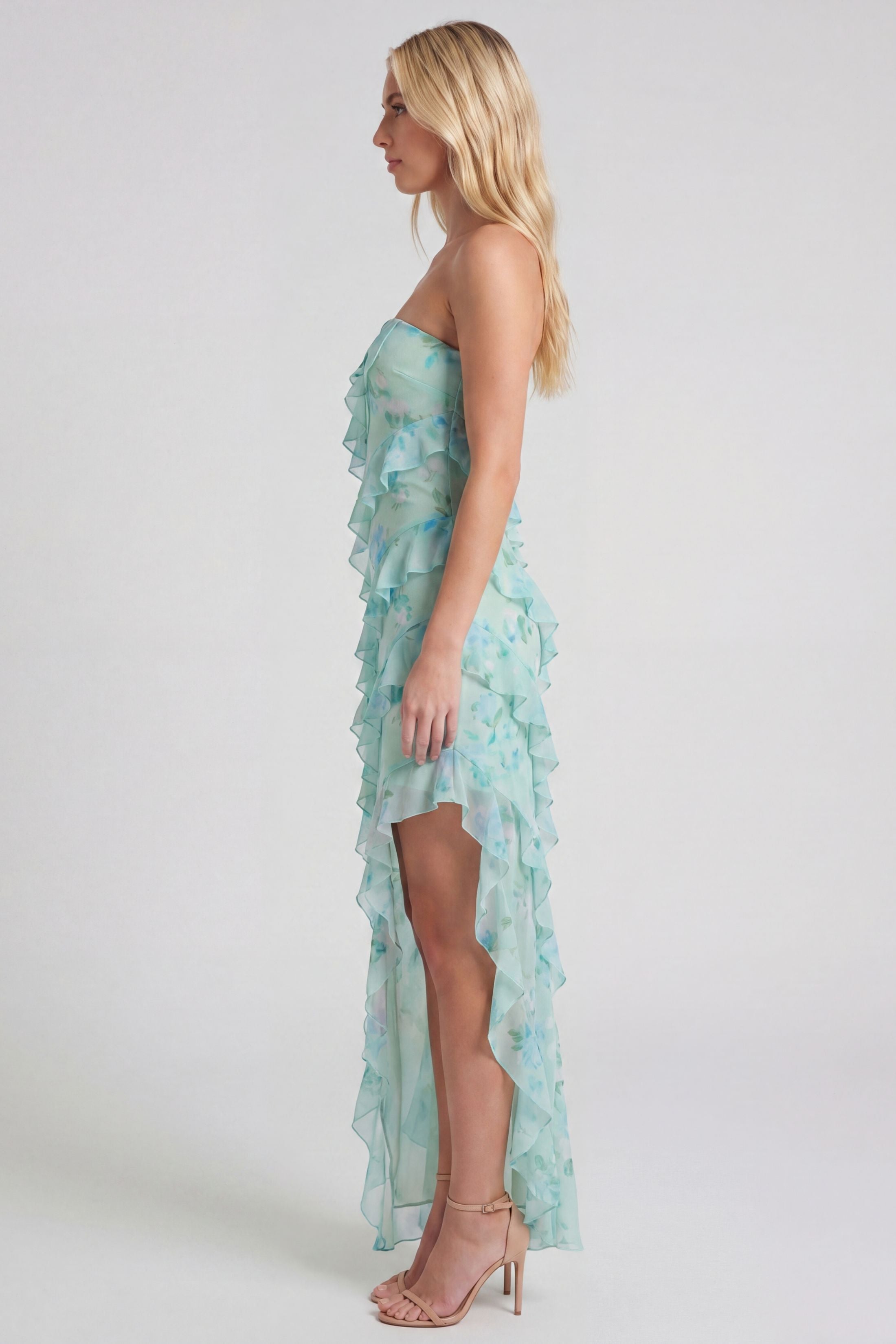 Lia Mesh Ruffle Slit Maxi Dress