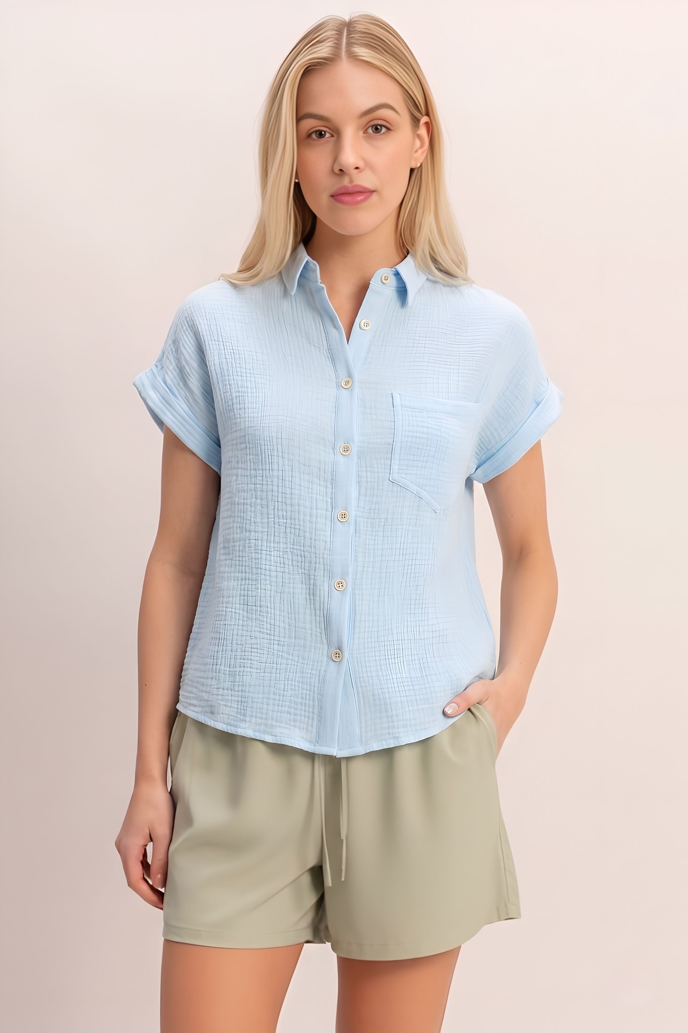 Daphne Rolled Sleeve Buttoned Top