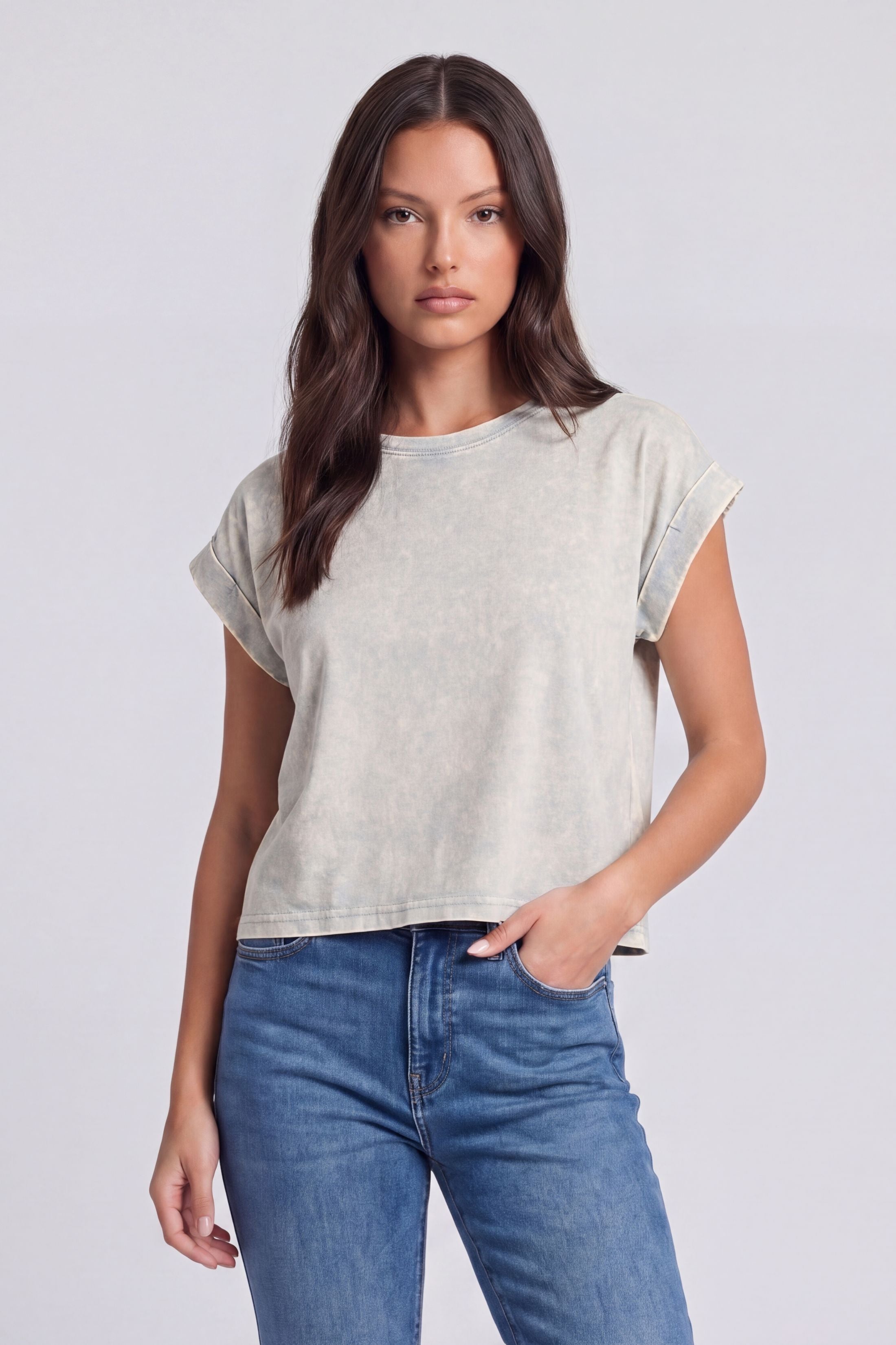 Leela Washed Cotton Cuffed Short Sleeve Top