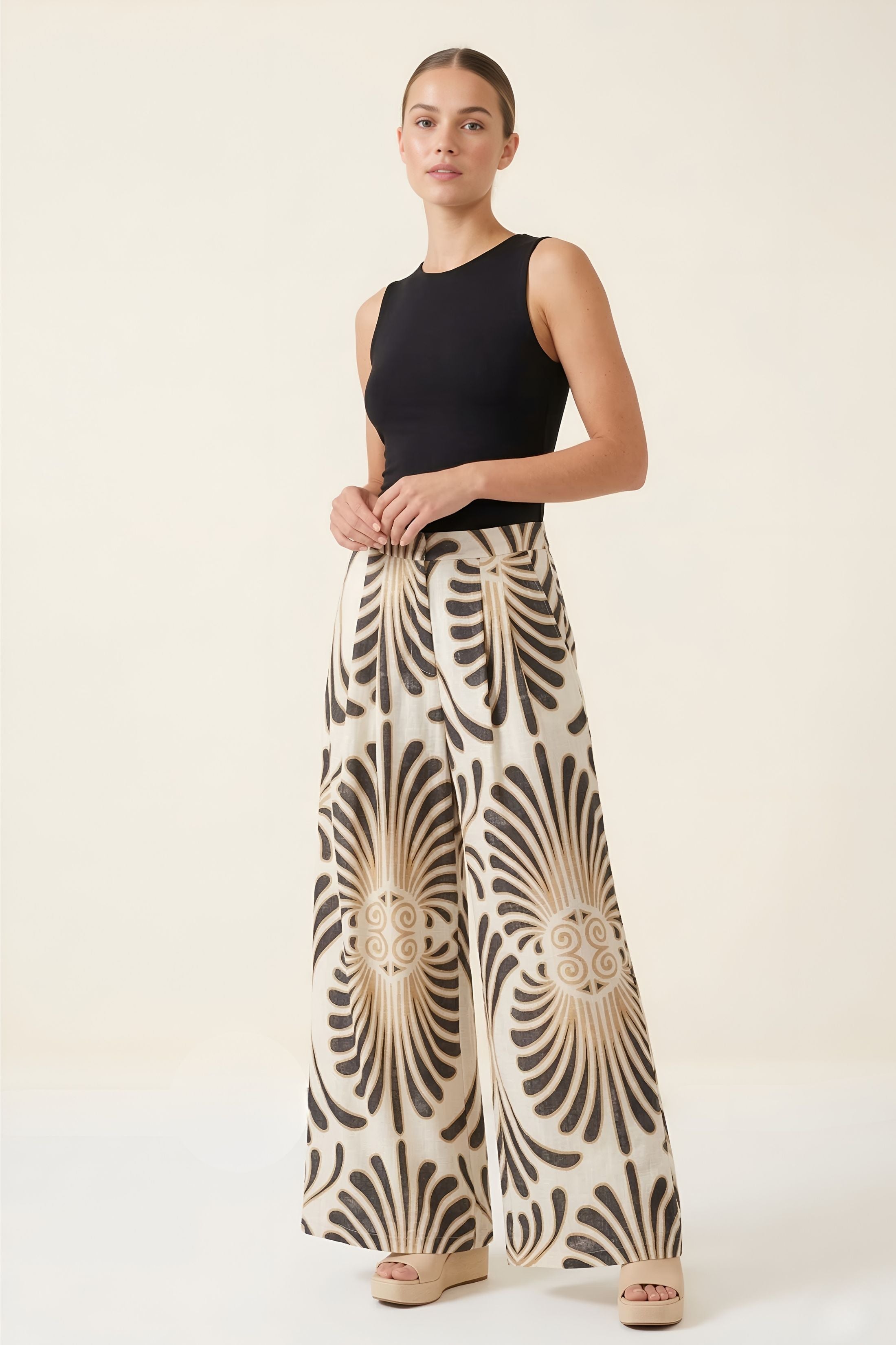 Penny Feather Print Wide Leg Pants