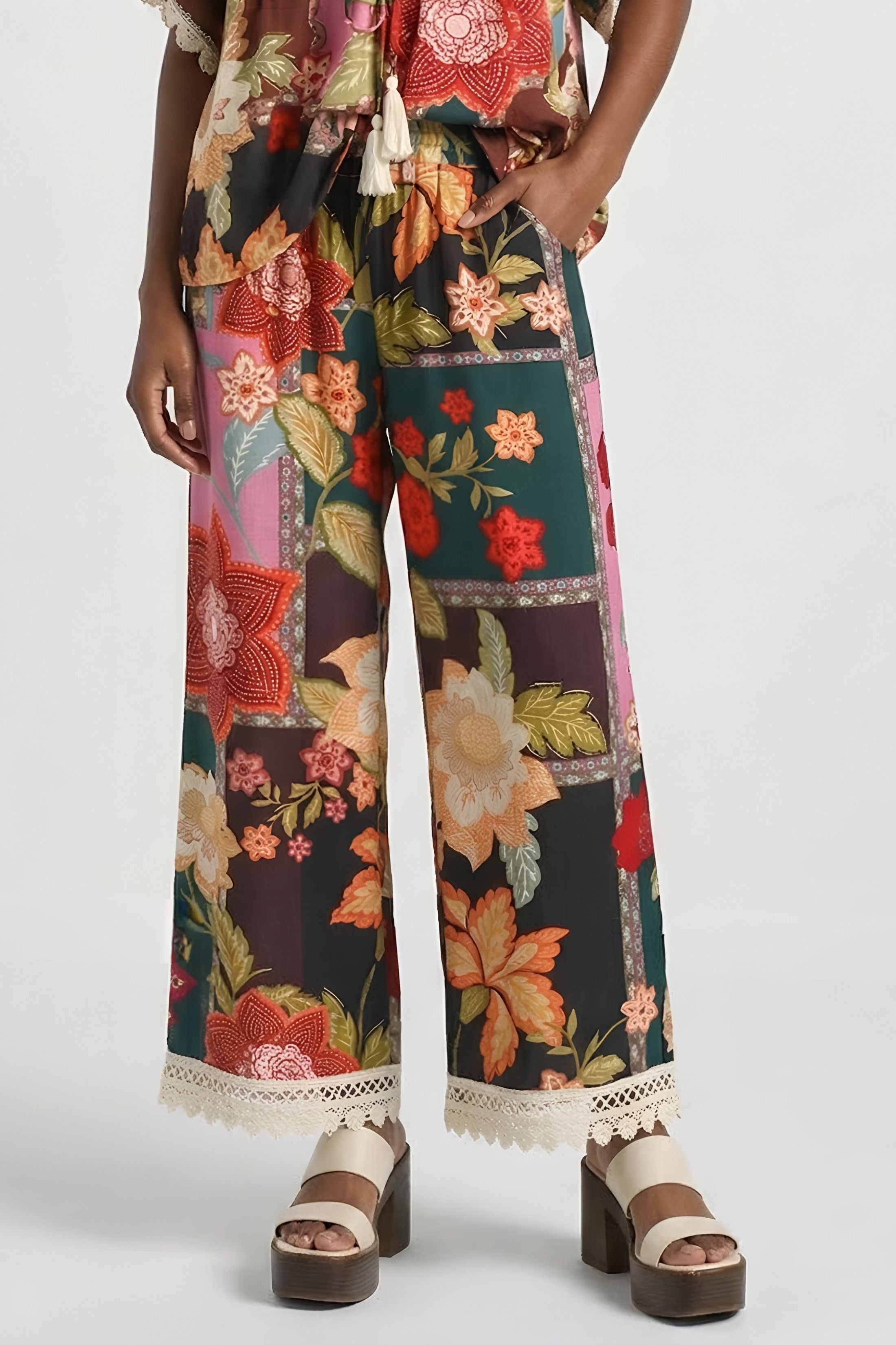 Fleming Patchwork Print Lace Trim Pants