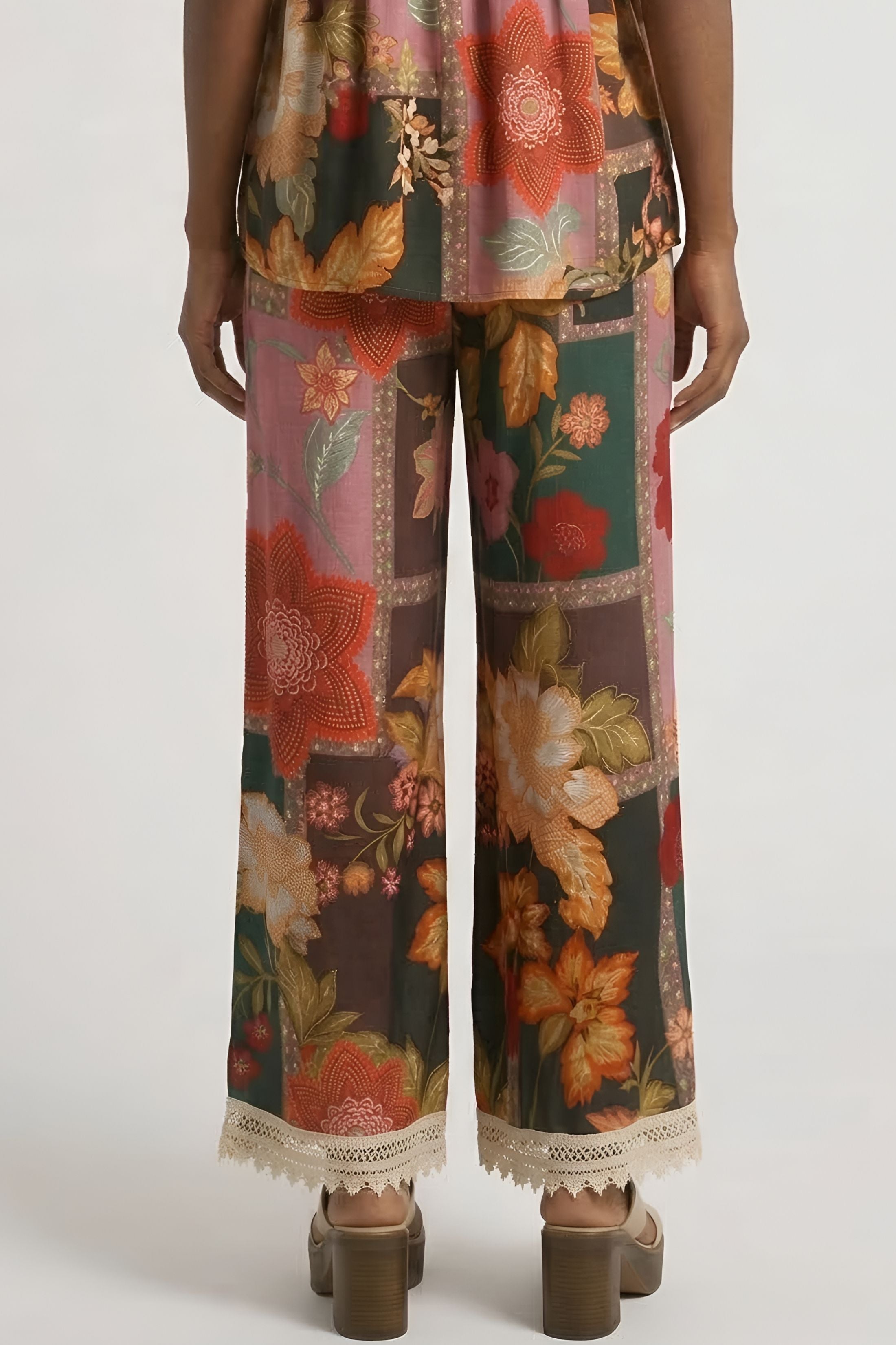 Fleming Patchwork Print Lace Trim Pants
