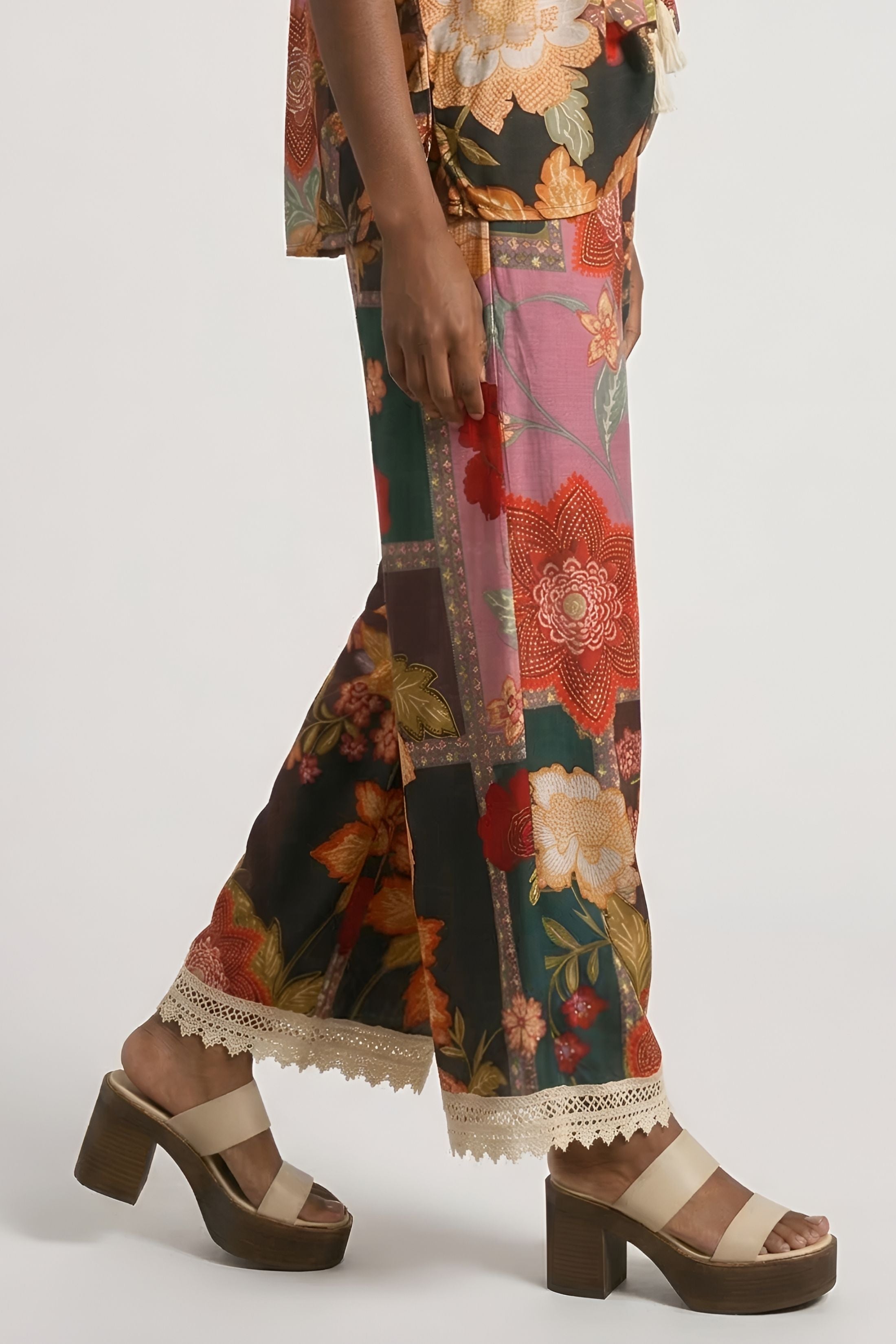 Fleming Patchwork Print Lace Trim Pants
