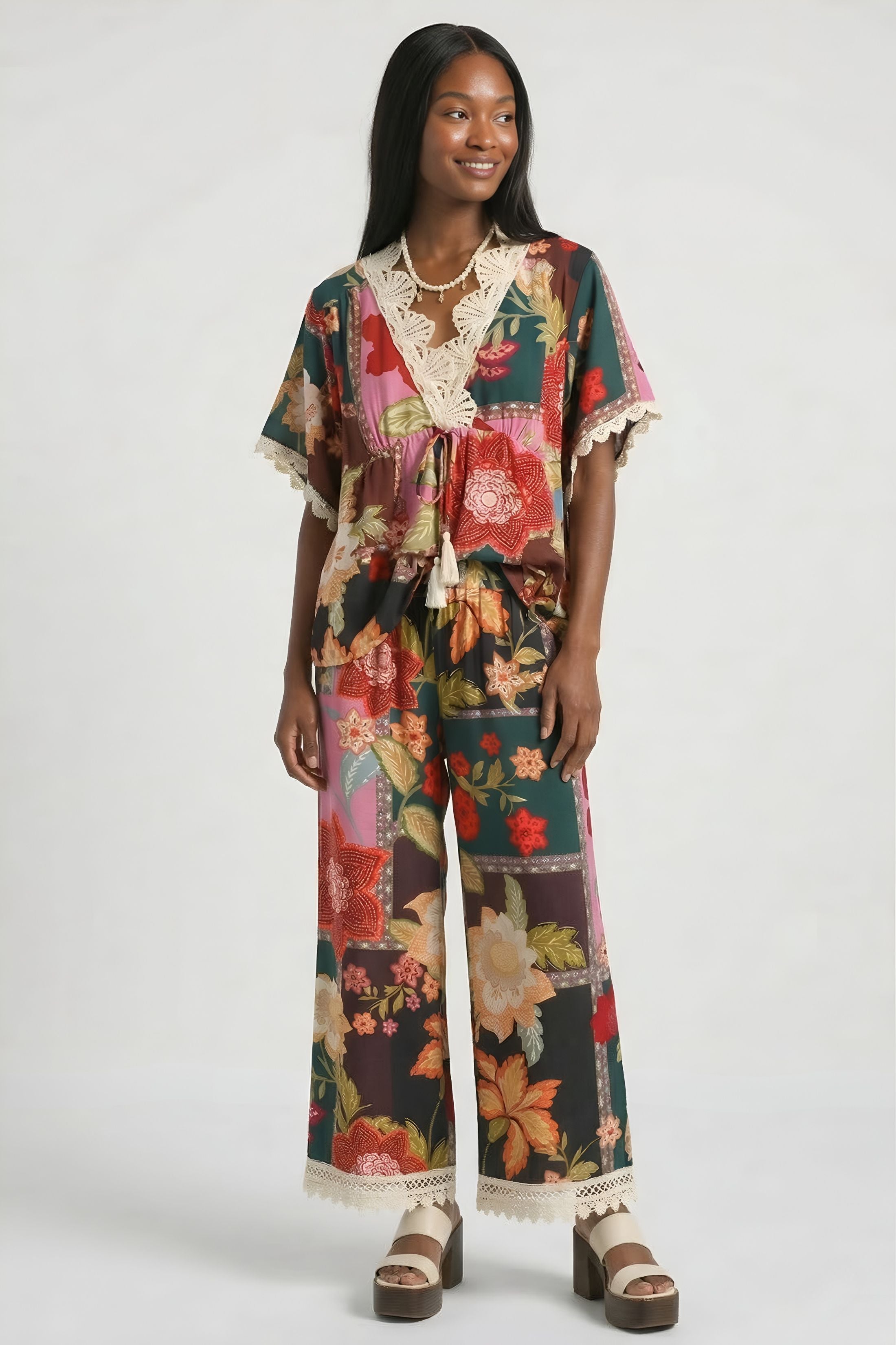 Fleming Patchwork Print Lace Trim Pants