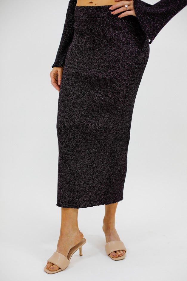 Luxe Ribbed Midi Skirt - Black & Rose Gold Shimmer Knit *Final Sale*