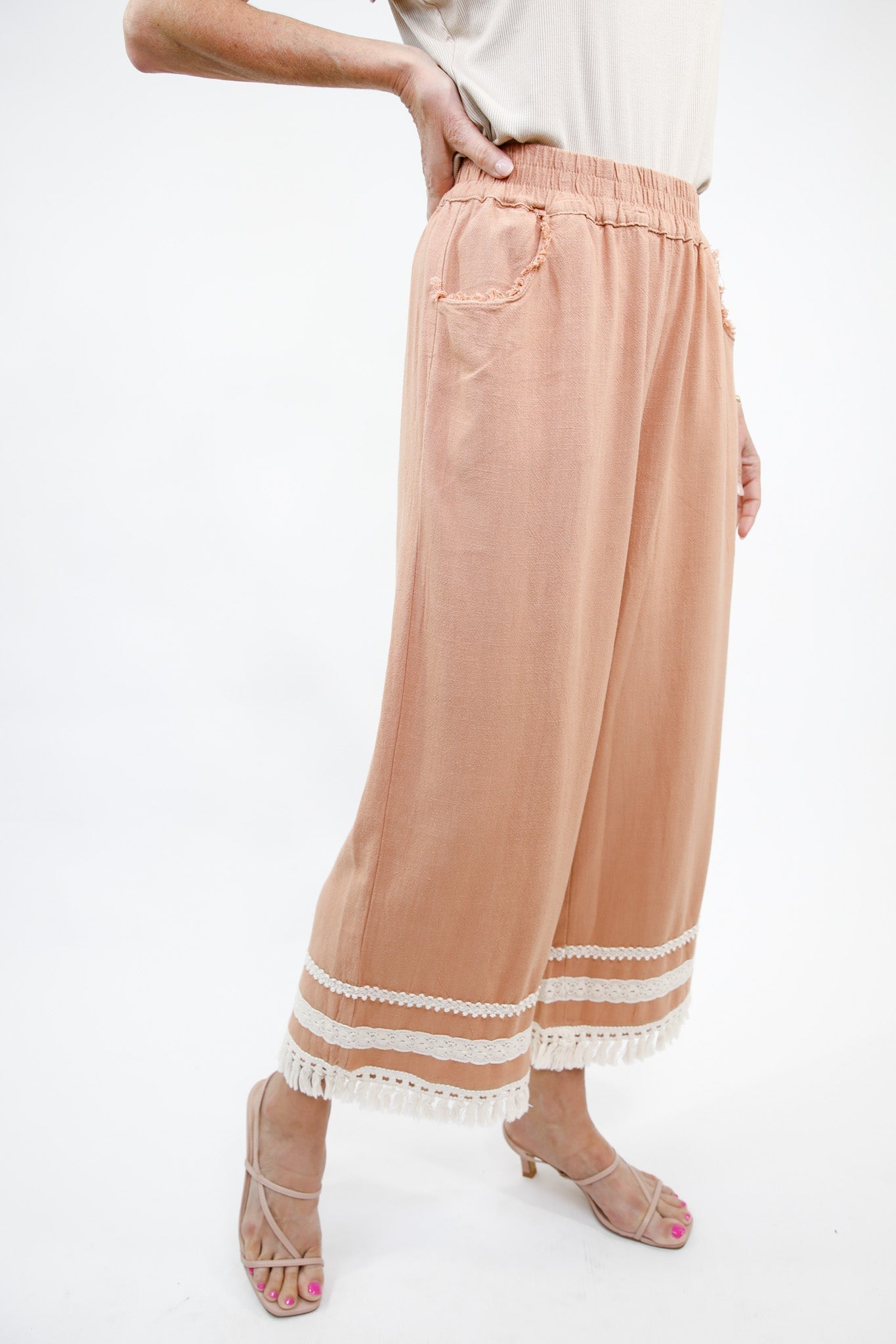 Lace Trim Fringe Hem Wide Leg Pants