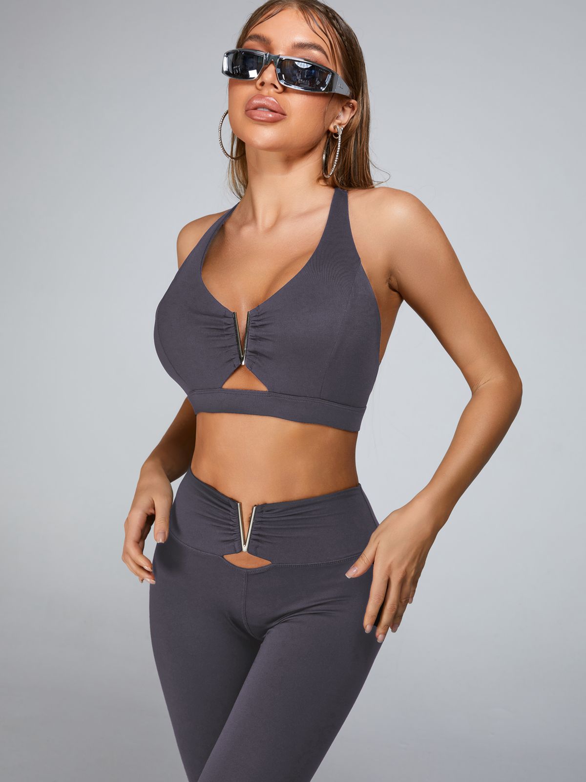 Cutout V Shape Metal Sports Bras