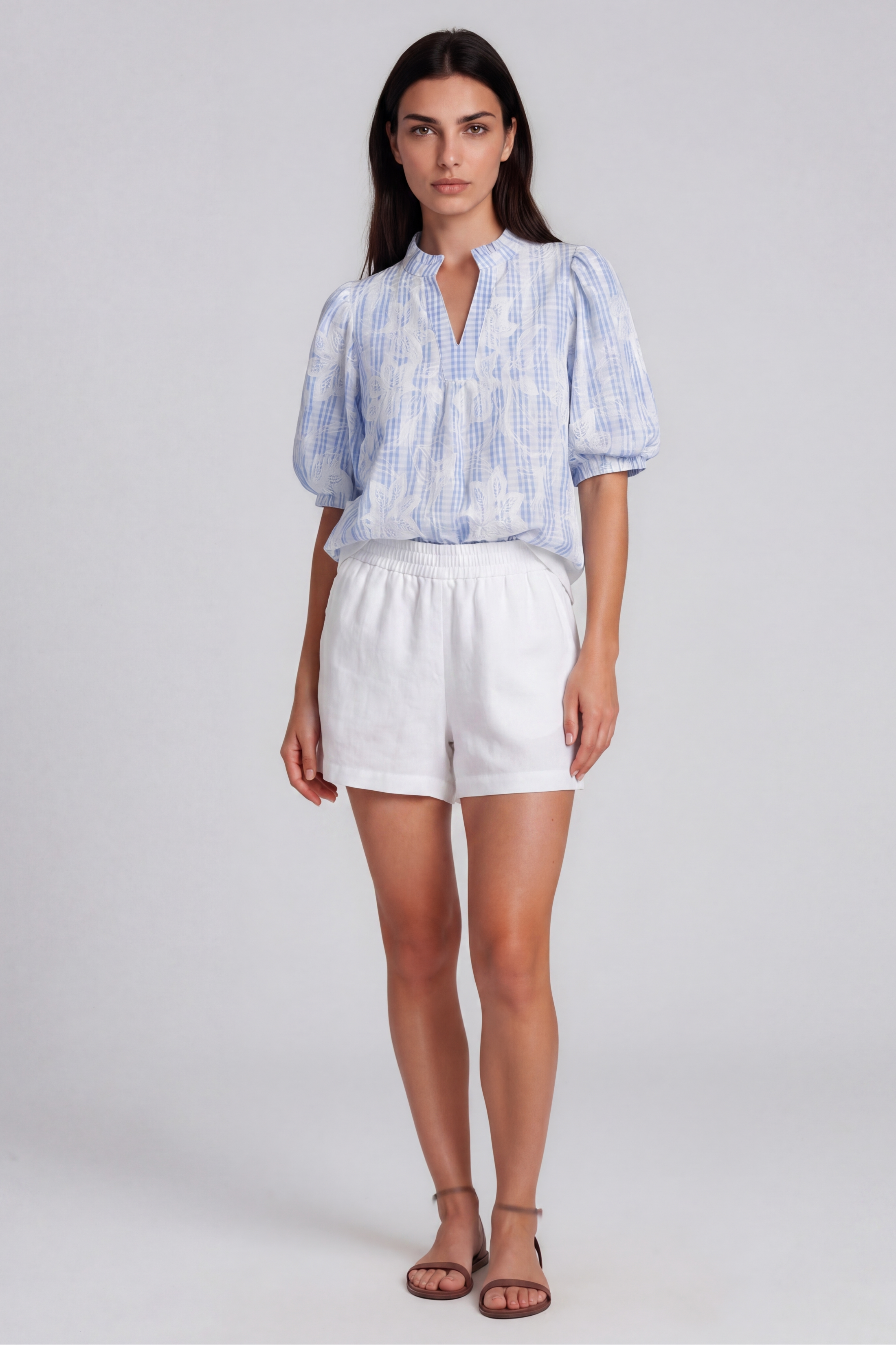 Ray Knit Hem Floral Embroidered Plaid Top