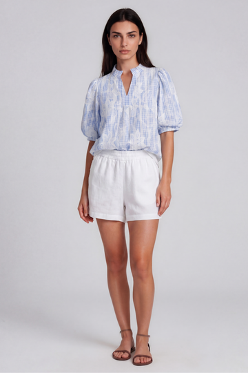 Ray Knit Hem Floral Embroidered Plaid Top