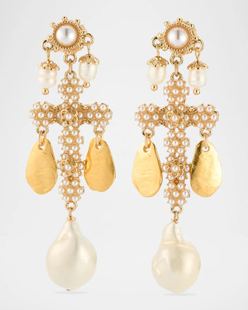 White Pearl Gold Leaf Cross Earrings